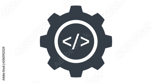 A technical gear icon featuring central coding symbols for software development concepts.