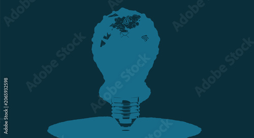 Abstract Lightbulb Graphic Featuring Digital Network Connections on a Dark Blue.