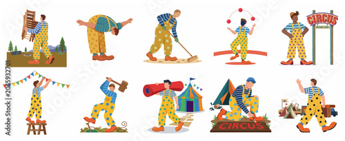 Tableau sur toile Set of circus worker and clown characters performing various preparation tasks a
