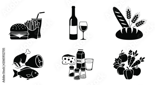 Detailed food items and beverage icons presented as black silhouettes on white background.