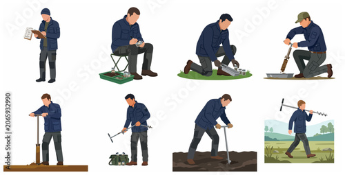 Foto Set of environmental scientist characters collecting soil samples with augers and specialized equipment for geological and agricultural research