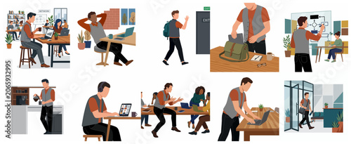 Canvastavla Set of business illustrations featuring a male professional in various office sc