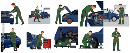 Professional Car Mechanic Characters Set for Auto Repair and Maintenance Service Illustration