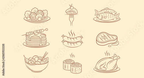 Nine Hand Drawn Food Icons In A Three By Three Grid For Various Culinary Art Projects.
