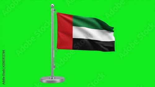 UAE United Arab Emirates National Flag Waving on Desk Pole Stand Against Green Screen Background
