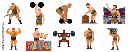 Fotografie Set of Vintage Strongman Characters in Leopard Print Outfits Performing Feats of