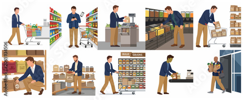 Flat vector illustration set of a man shopping for groceries and bulk grains in a supermarket