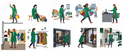 Flat vector illustration set of a woman in a stylish green coat enjoying a day of shopping, browsing clothes, carrying bags, and making payments in a city mall.