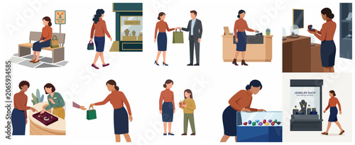 Set of flat vector illustrations depicting a woman shopping for jewelry, making purchases, and giving gifts.