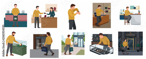 Obraz na płótnie Man Shopping for Luxury Watches and Jewelry Vector Illustration Set