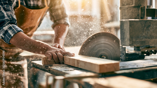 Woodworker crafting a pallet wood desk using professional machinery , one man using saw, worker using industrial saw, work, creates furniture from pallets, photo style