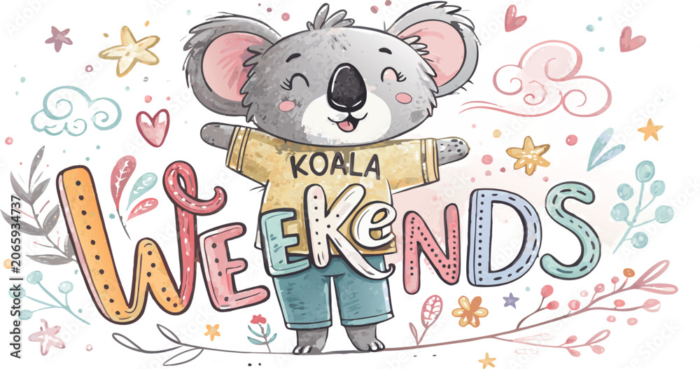 Naklejka premium Cute koala bear wearing a shirt with the text weekends