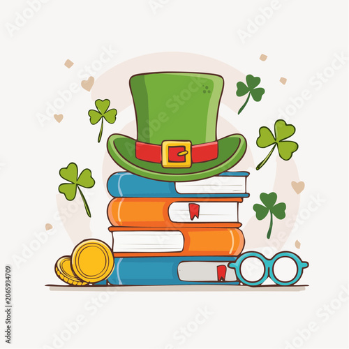 St. Patrick's Day Bookshelf with Leprechaun Hat and Clovers