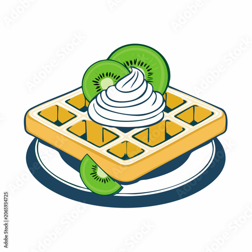 Waffle with Whipped Cream and Kiwi Slices