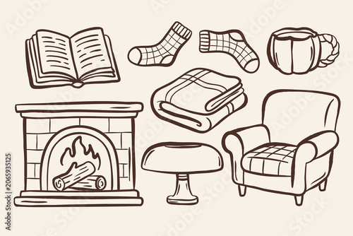Cozy hygge home set with fireplace armchair blanket lamp book mug and socks, doodle line art collection in minimal flat style