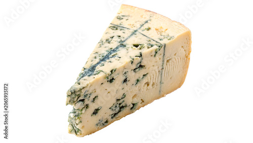Tableau sur toile Triangular wedge of gourmet blue cheese with distinctive green veins isolated on
