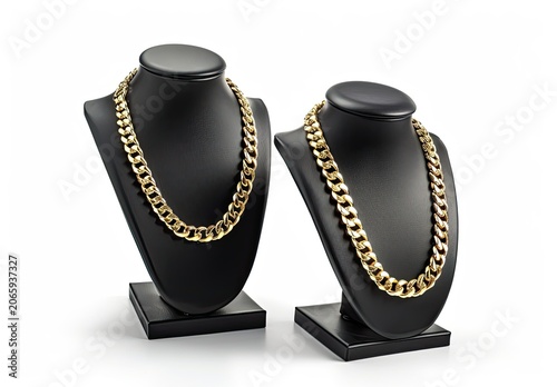 Two gold chain necklaces displayed on black bust mannequins, simple studio shot