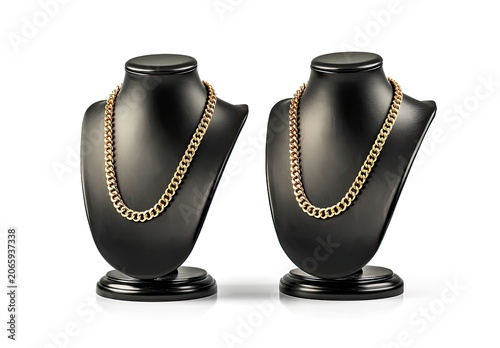 Two gold chains displayed on black mannequin busts, isolated against a bright white background