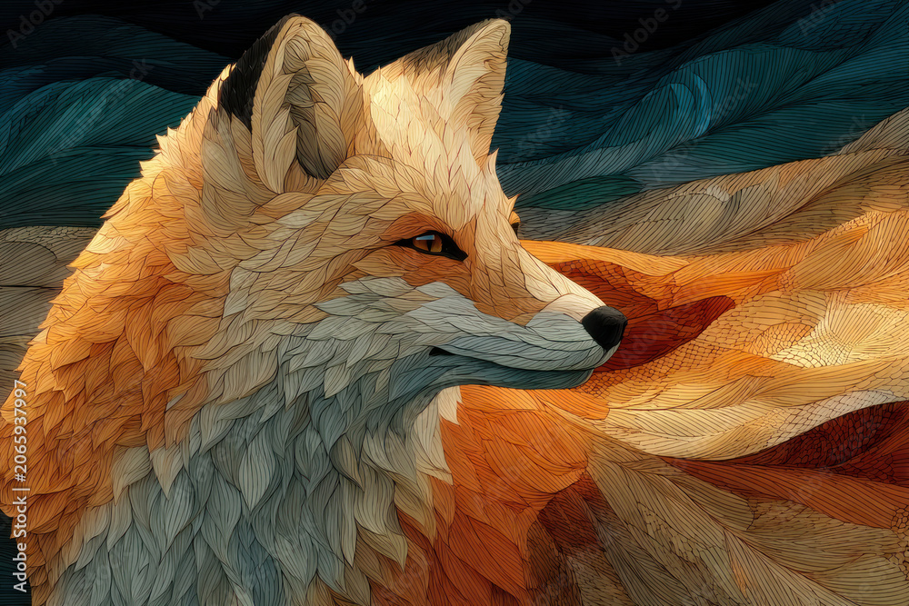Fototapeta premium Stylized Fox Portrait Abstract Fur Texture Artistic Animal Illustration Close Up