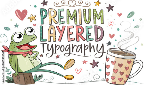 A happy green frog sits beside a steaming heart patterned mug