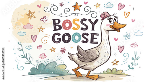 A cartoon goose wearing a hat with bossy goose typography