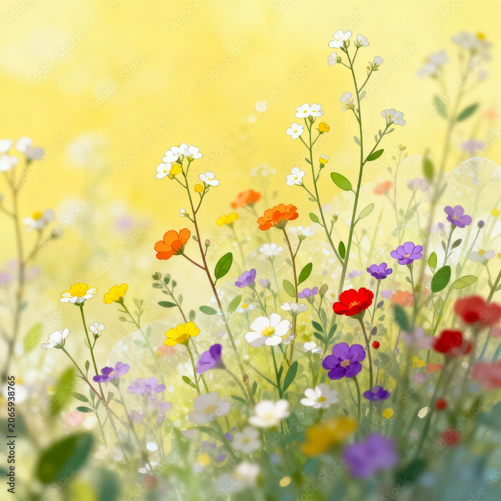 Fototapeta premium Soft Watercolor Wildflower Field Illustration With Colorful Blooms Under Warm Sunlit Yellow Bokeh Background