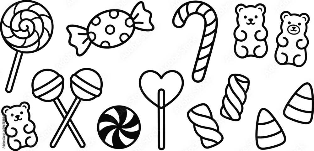 Obraz premium Set of black and white hand drawn assorted sweet candies
