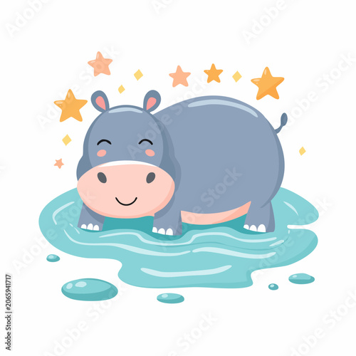 Cute cartoon hippo in water with stars
