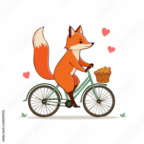 Cute Fox Riding a Bicycle with a Basket of Bread