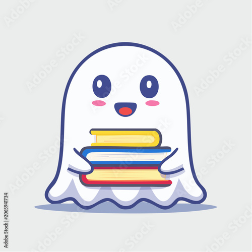 Cute Ghost Holding Stack of Books