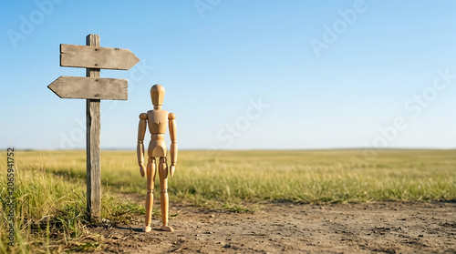 Business growth analysis and strategic employee evaluation direction concept with wooden mannequin standing by two-way signpost with copy space for presentation website banner