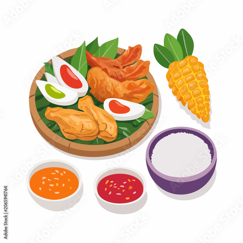 Fried Chicken Meal with Corn and Rice
