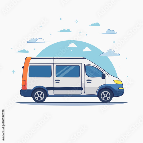 Illustration of a white van with blue accents and orange tail light