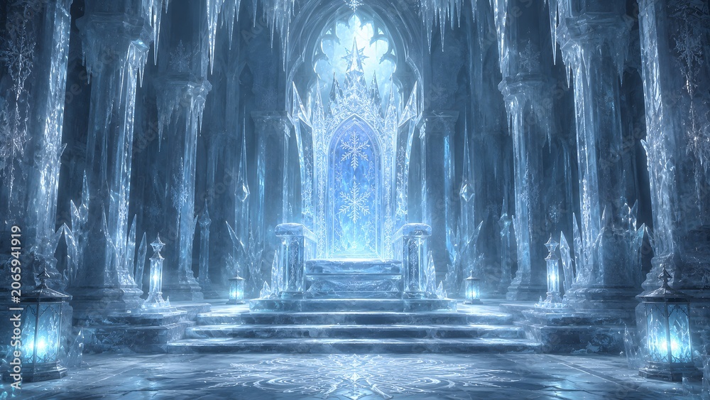 Naklejka premium Frozen ice throne in crystalline palace hall with shimmering snowflakes and columns.