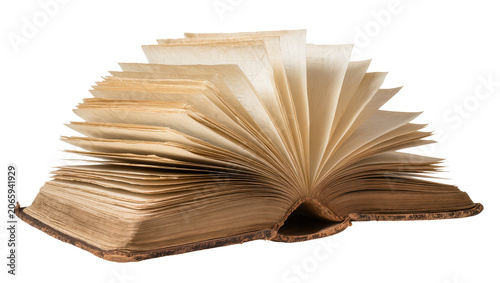 Fotografía Isolated antique open book with many fanned out old yellowed pages and rustic co