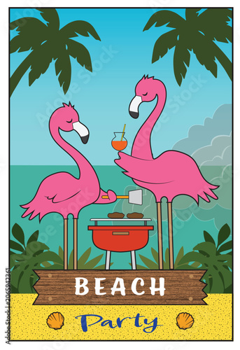 Two flamingos enjoying an outdoor cook out.