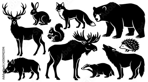 Silhouette collection of wild forest animals in minimalist black and white vector illustration