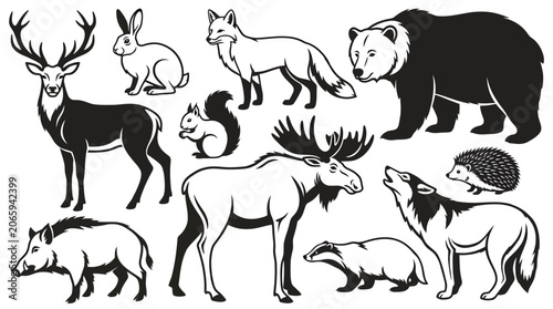 Minimalist Black and White Animal Silhouettes Collection in Flat Design Style