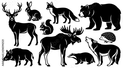 Silhouette of Forest Wildlife Animals Set in Minimalist Black and White Illustration Style