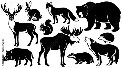 Silhouette of Forest Wildlife Animals Set in Minimalist Black and White Line Art Style
