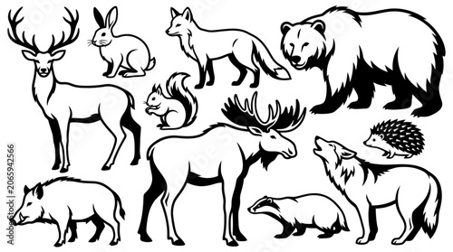 Silhouette Collection of Forest Wildlife Animals in Minimalist Black and White Line Art Style