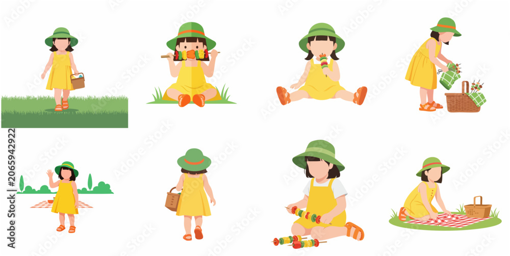 Fototapeta premium Flat vector character set of a little girl having a picnic, eating vegetable skewers, and playing on the grass