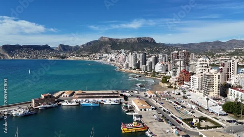 Calpe Spain aerial view of coastline marina and city skyline