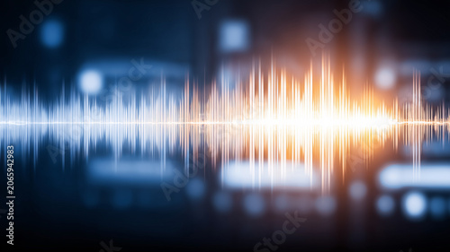 Abstract audio waveform with glowing signal lines, symbolizing sound technology, voice data, communication analysis, and digital frequency processing.
