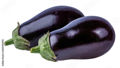 Photography Isolated two fresh ripe dark purple glossy eggplants with green calyxes, healthy