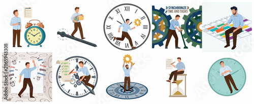 Set of Business Illustrations Representing Time Management, Productivity, and Task Planning Concepts