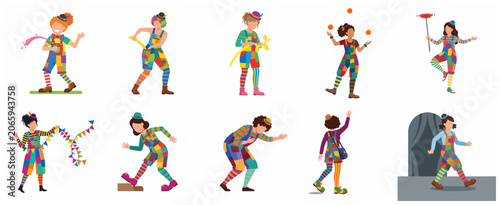 Fotografie Collection of diverse female clowns in colorful patchwork costumes performing ci