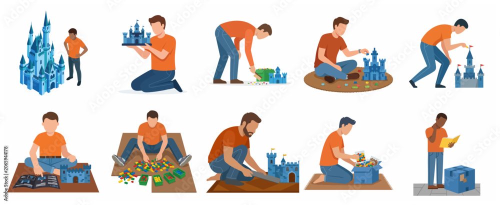 Fototapeta premium Set of illustrations featuring men building intricate toy castles from plastic bricks, showcasing hobby, leisure, and creative construction for adults