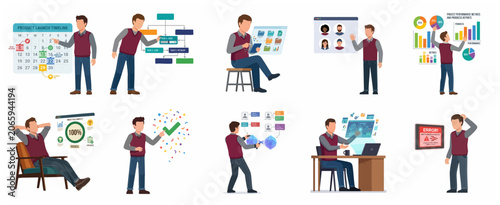 Business Professional Character Set for Project Management, Data Analysis, and Corporate Workflow Illustrations