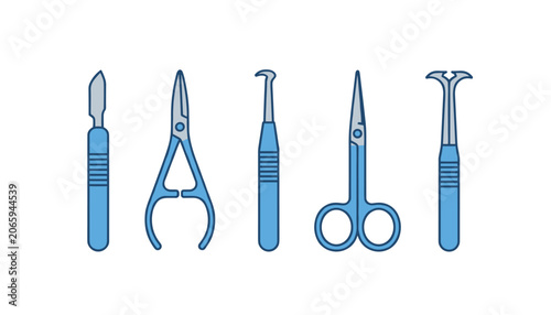 Surgical instruments including a scalpel, scissors, and specialized medical tools arranged in a horizontal row on a white background.